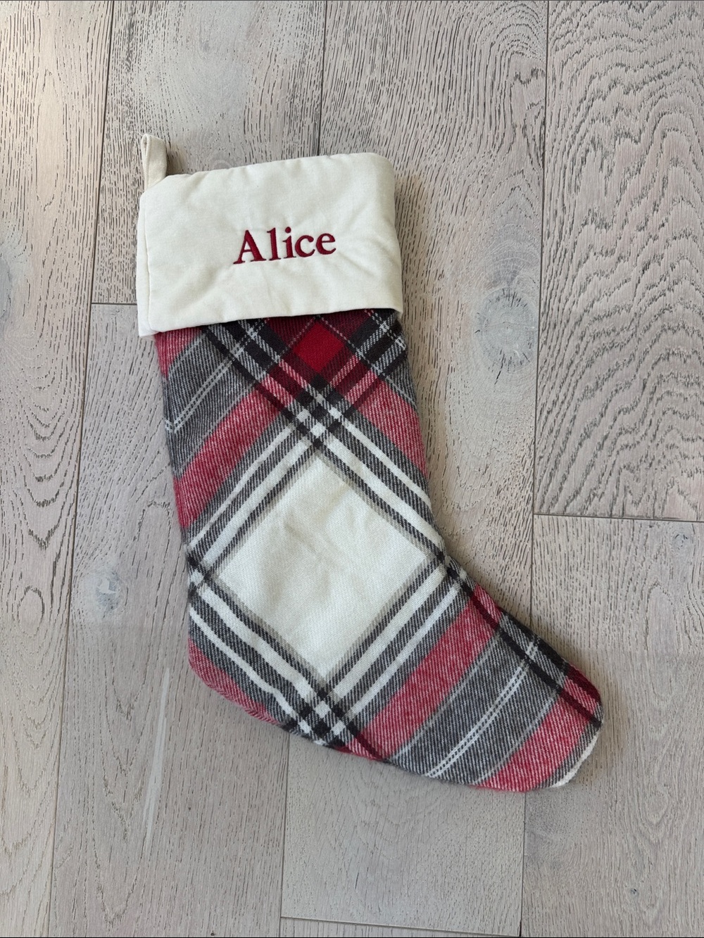 “Alice” Personalized Plaid Holiday Stocking - Red and Cream